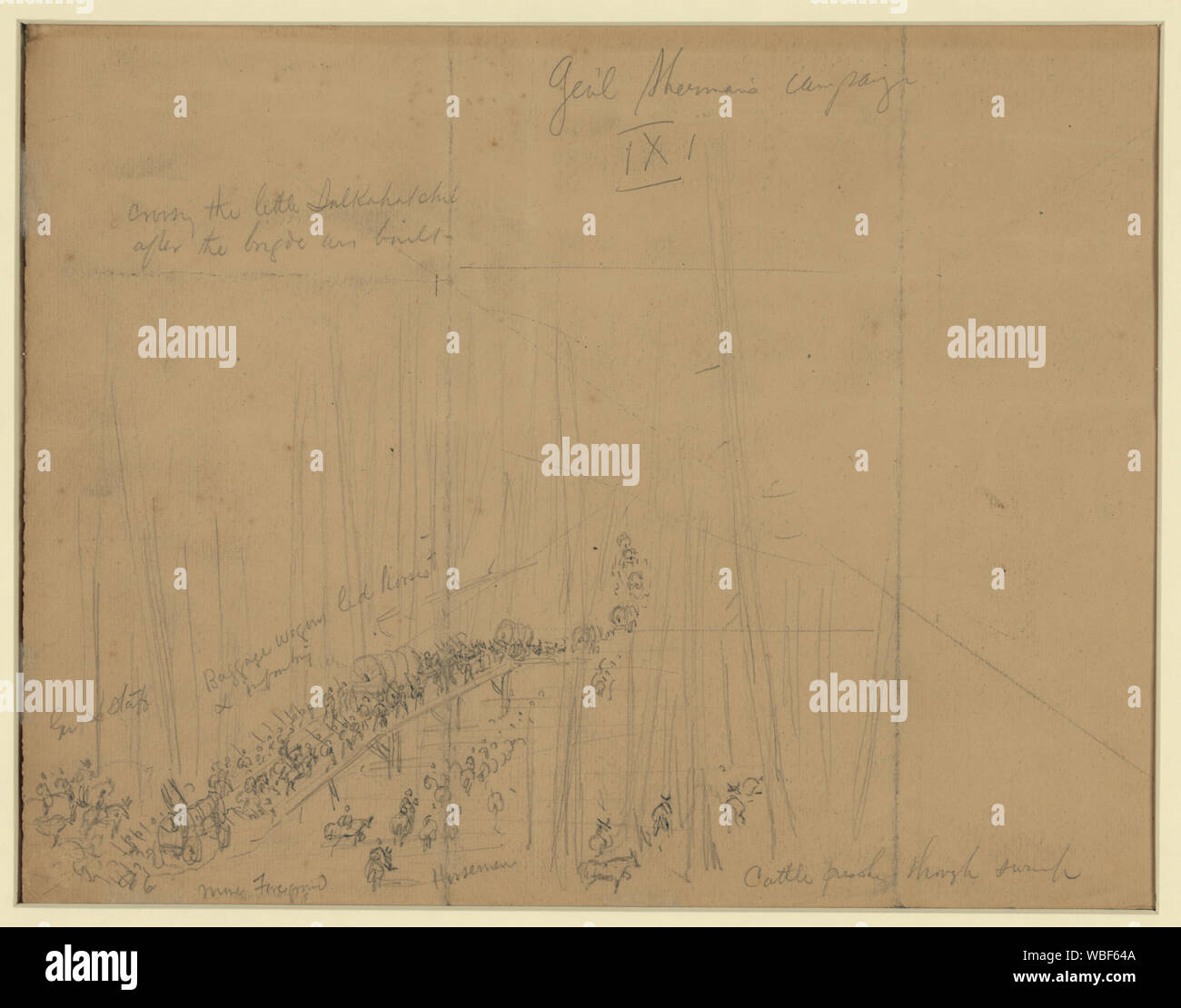 Gen'l Sherman per la campagna - attraversando il Salkahatchie poco dopo il ponte è stato costruito Abstract/medio: 1 disegno su carta marrone chiaro : matita ; 24,6 x 35,7 cm. (Foglio). Foto Stock