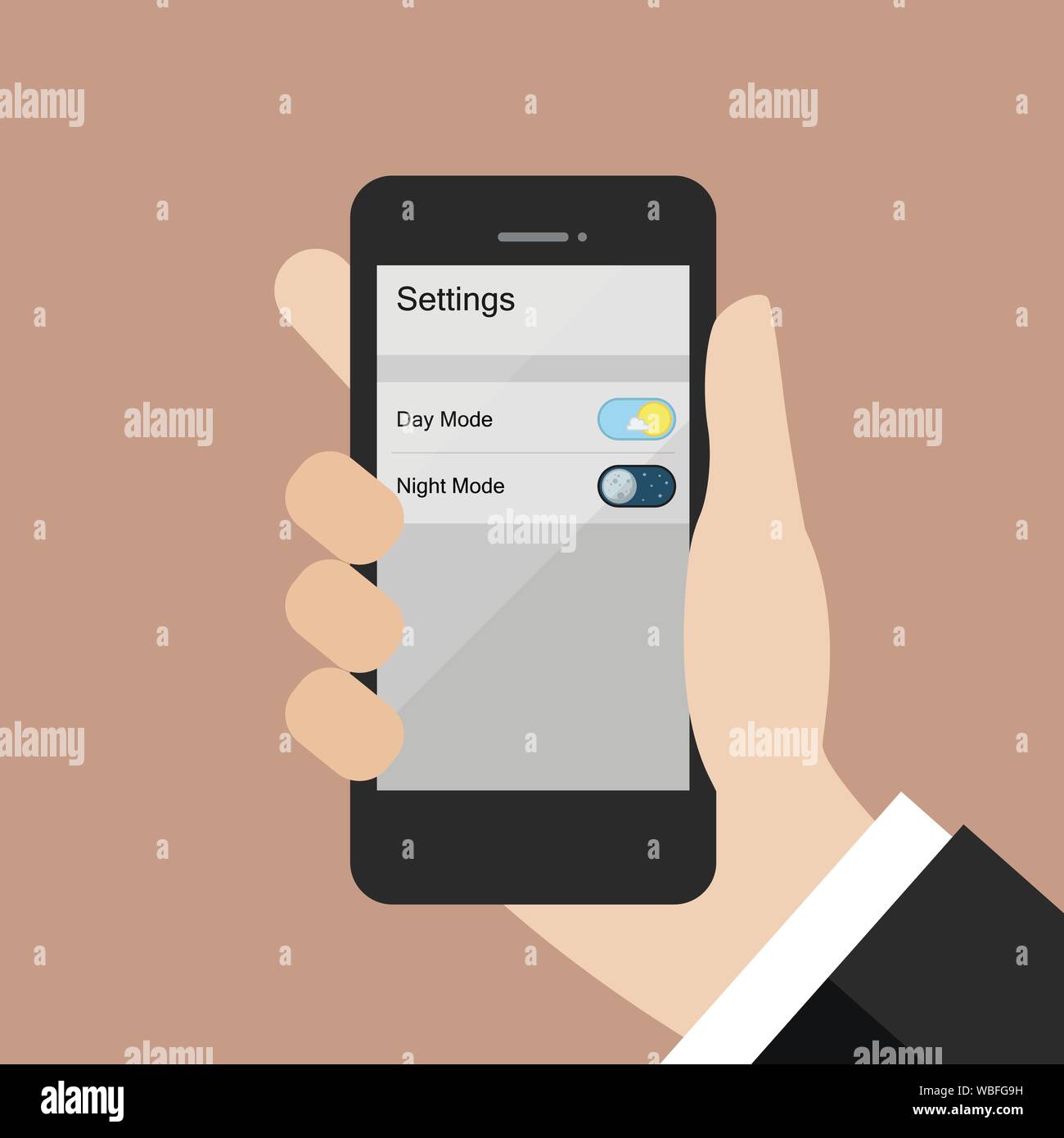 Mano scegliendo la modalità giorno o notte in modalità smartphone. Illustrazione Vettoriale Illustrazione Vettoriale