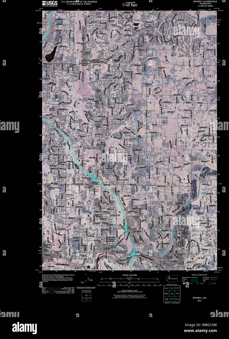 USGS TOPO Map Stato di Washington WA Bothell 20110504 TM restauro invertito Foto Stock
