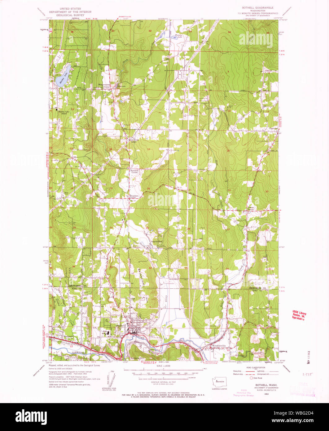 USGS TOPO Map Stato di Washington WA Bothell 240161 1953 24000 Restauro Foto Stock