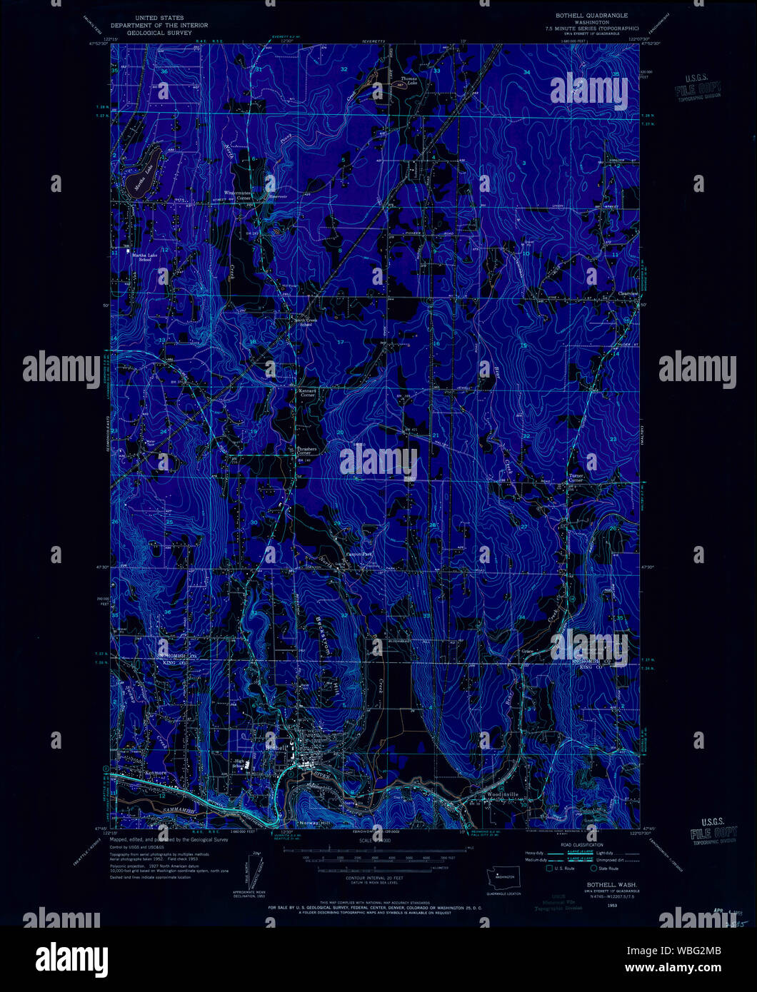 USGS TOPO Map Stato di Washington WA Bothell 240163 1953 24000 Restauro invertito Foto Stock