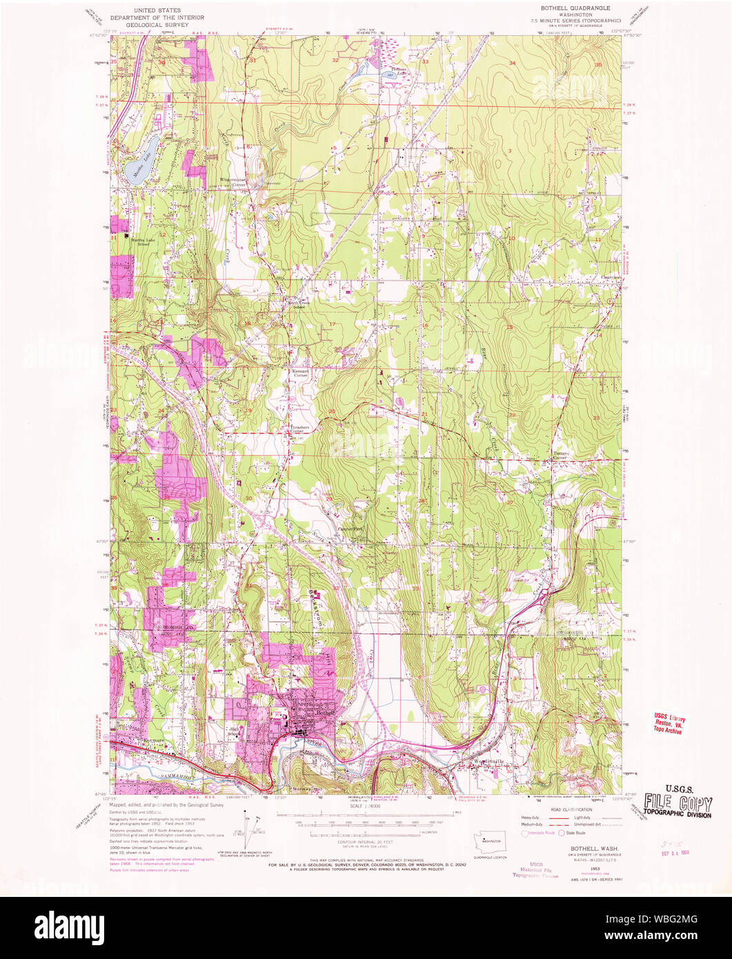 USGS TOPO Map Stato di Washington WA Bothell 240162 1953 24000 Restauro Foto Stock