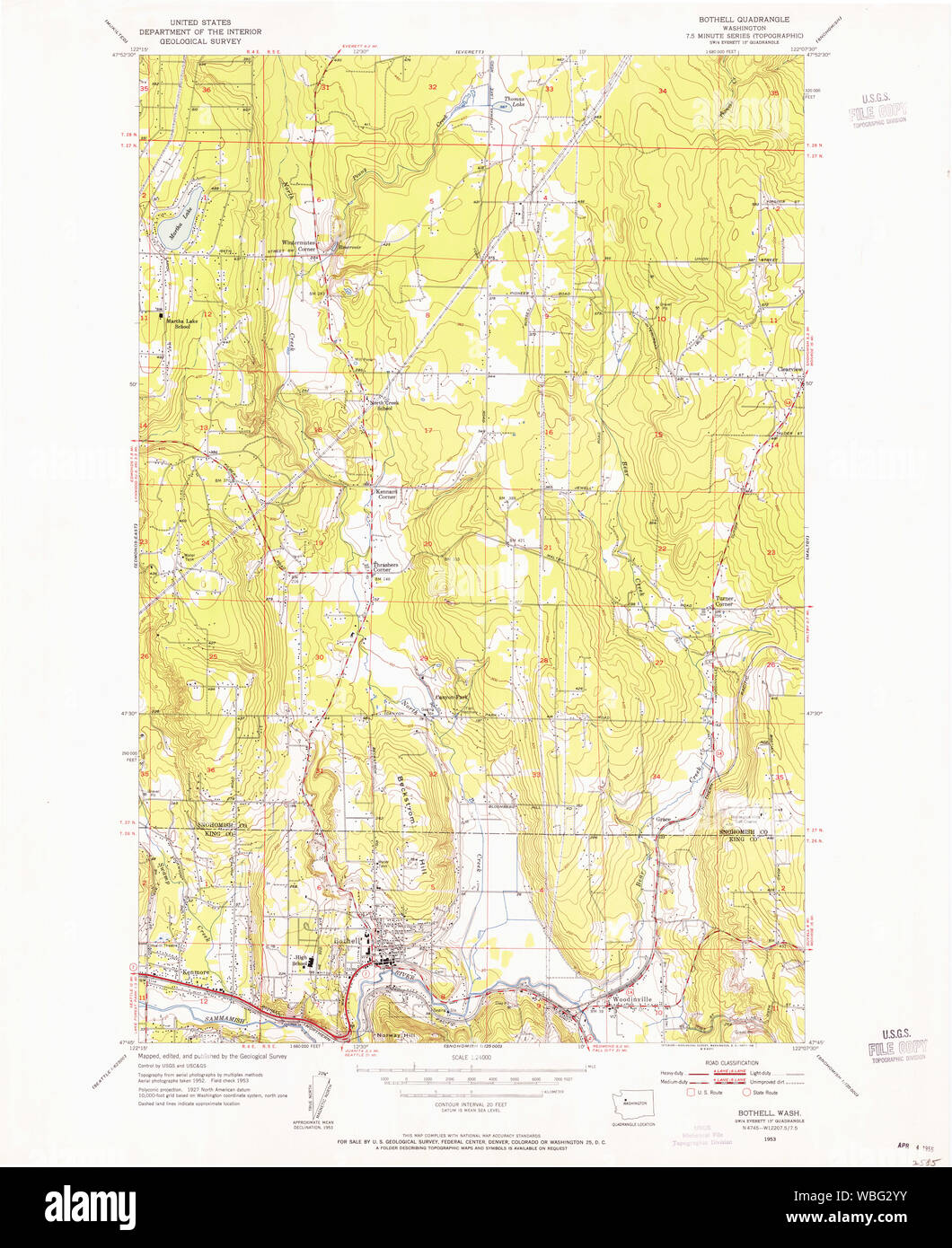 USGS TOPO Map Stato di Washington WA Bothell 240163 1953 24000 Restauro Foto Stock