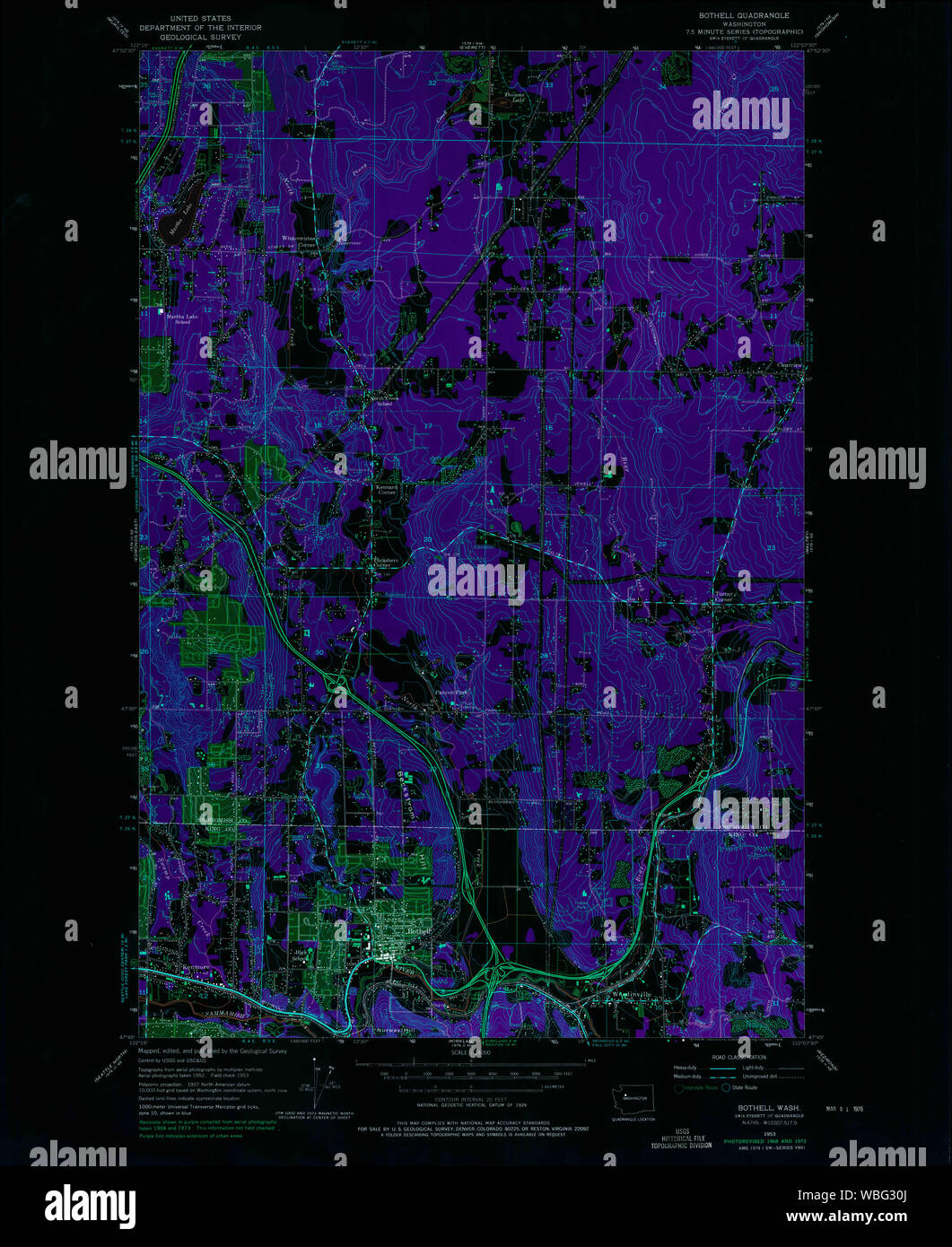 USGS TOPO Map Stato di Washington WA Bothell 240164 1953 24000 Restauro invertito Foto Stock