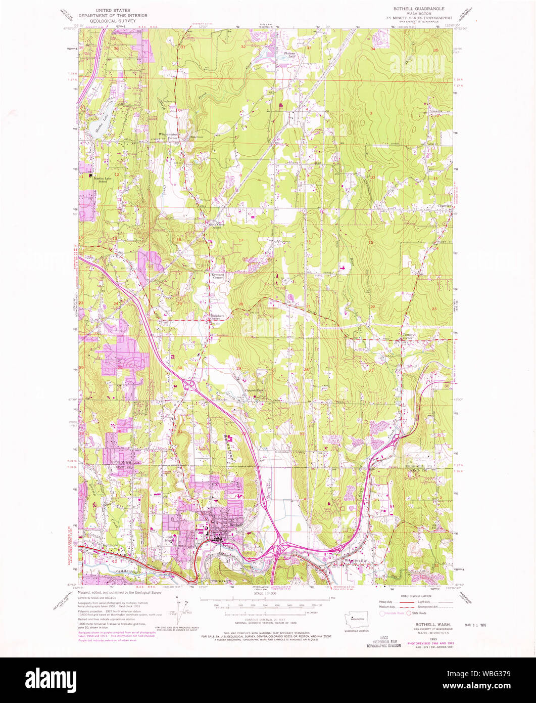 USGS TOPO Map Stato di Washington WA Bothell 240164 1953 24000 Restauro Foto Stock