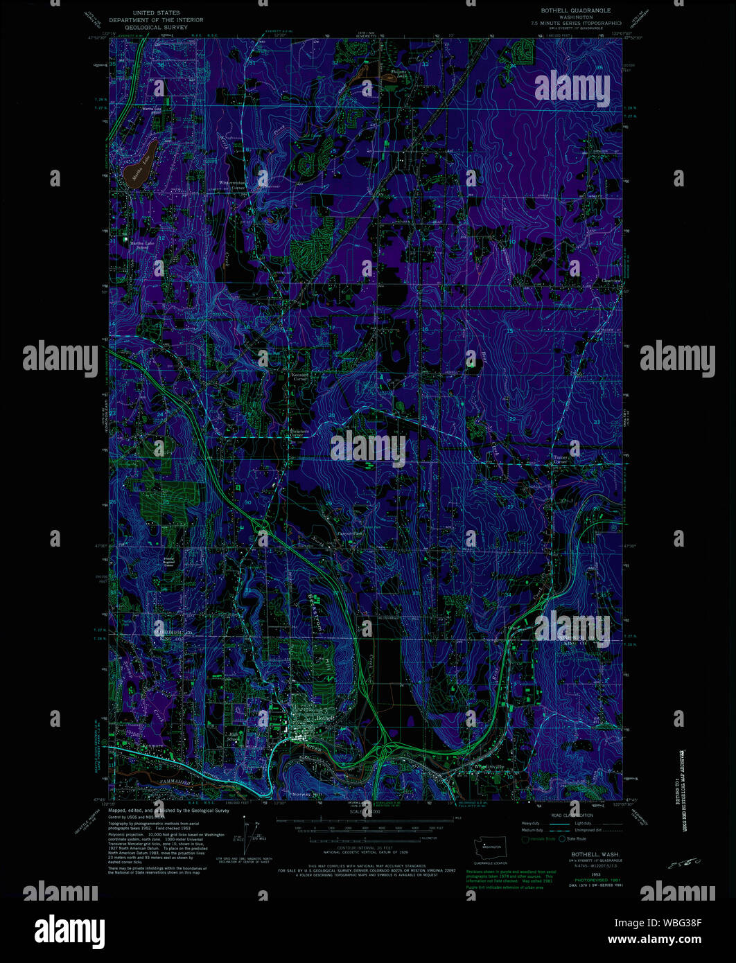 USGS TOPO Map Stato di Washington WA Bothell 240165 1953 24000 Restauro invertito Foto Stock