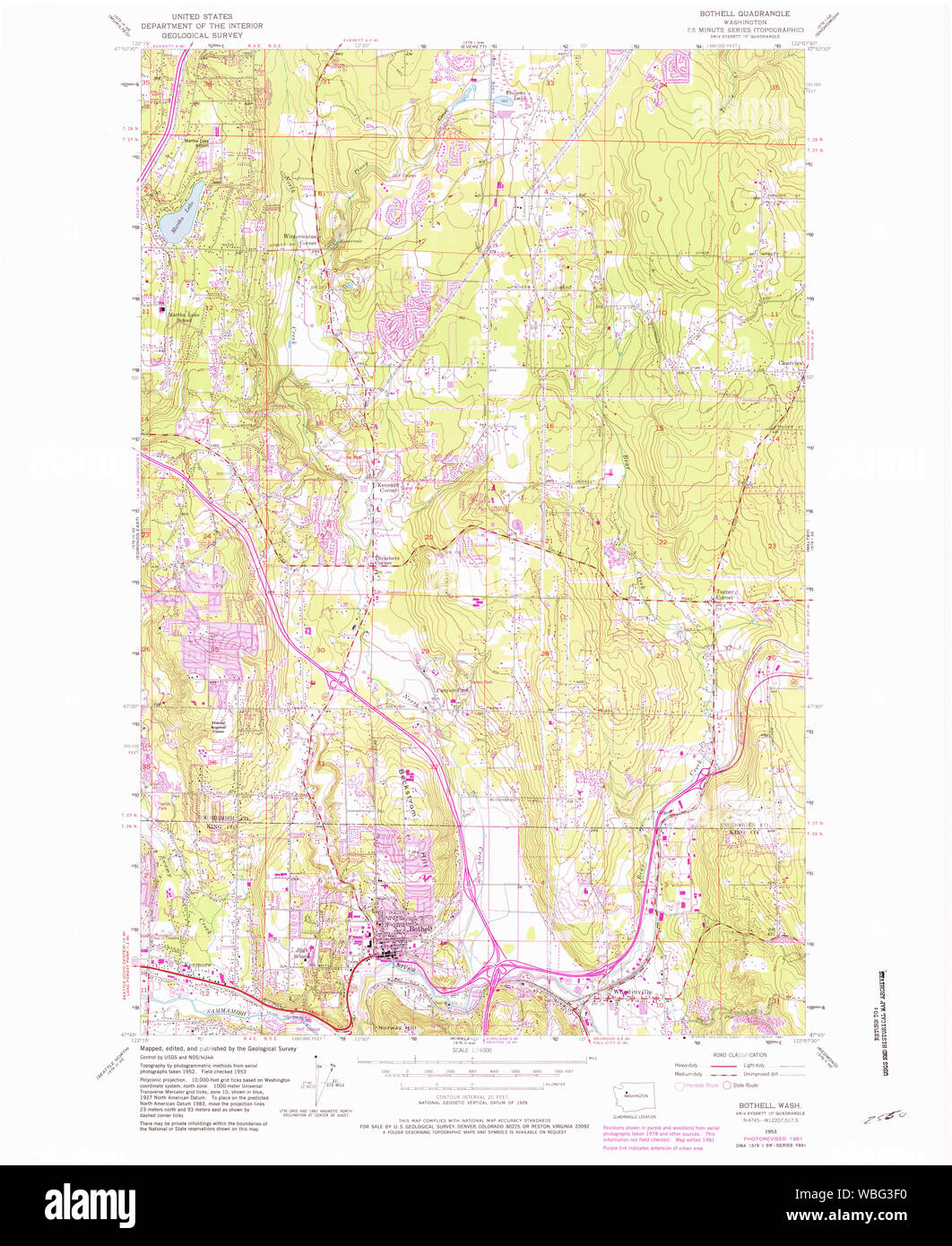 USGS TOPO Map Stato di Washington WA Bothell 240165 1953 24000 Restauro Foto Stock