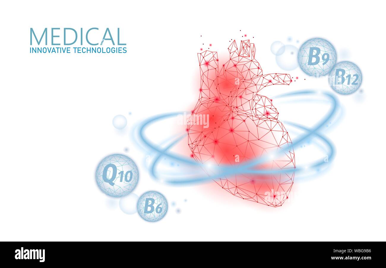 Salutare di cuore umano 3d la vitamina a bassa poli. Medicina care protection farmaco farmacia banner sfondo. Supplemento nutrizionale Q10 B12 innovativo moderno Illustrazione Vettoriale