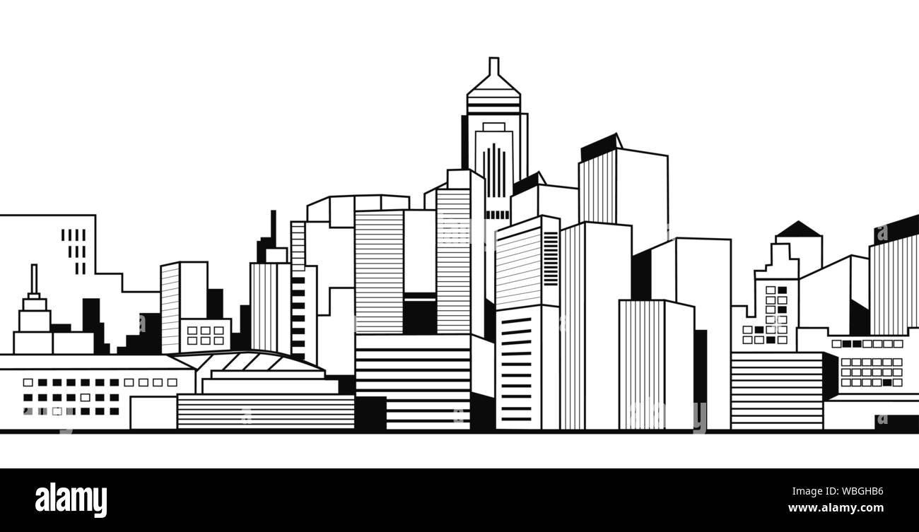 Moderni edifici della città alta vista grattacieli cityscape sfondo dello skyline di vita urbana linea sottile orizzontale di stile Illustrazione Vettoriale