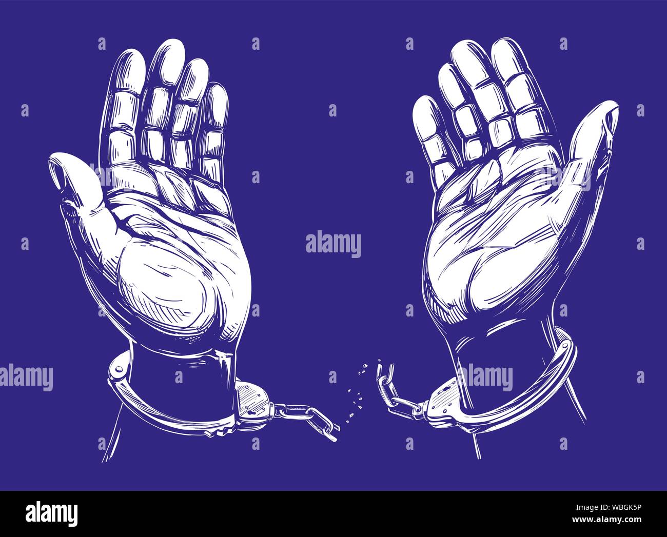 Mani rompere la catena manette, un simbolo di libertà e di perdono icona disegnata a mano illustrazione vettoriale sketch. Illustrazione Vettoriale