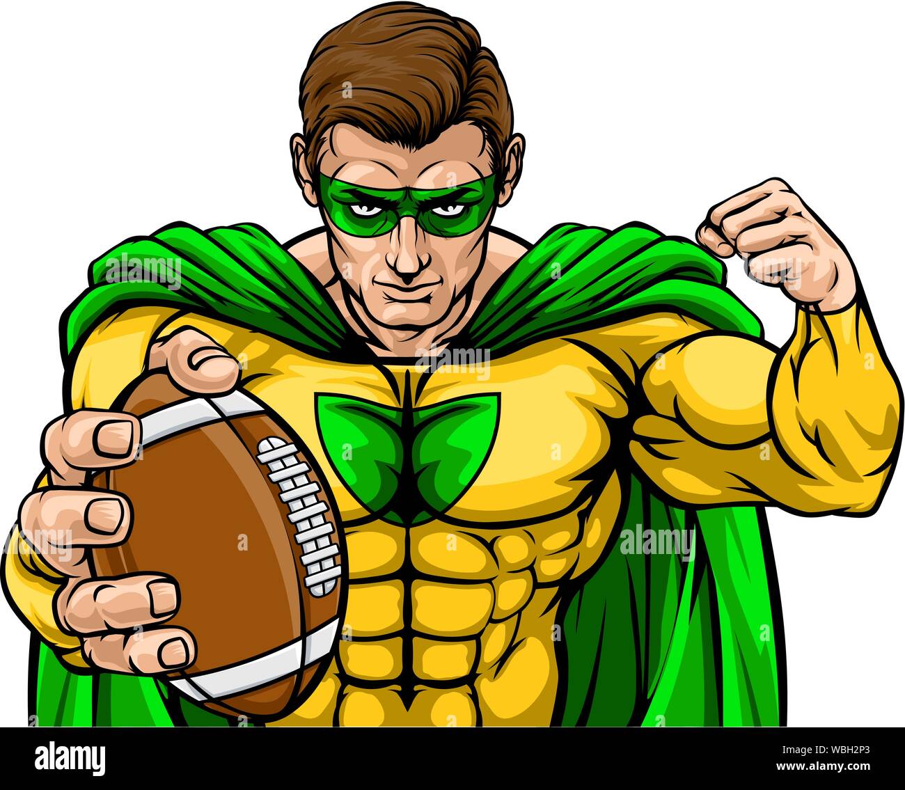 Il supereroe tenendo palla calcio Mascotte sportive Illustrazione Vettoriale