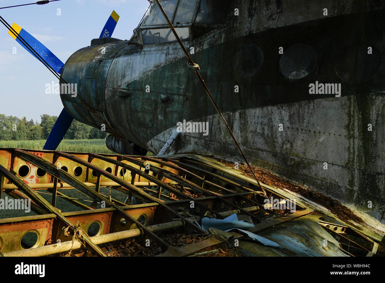 Aerei in marcia: Costruzione di ali e fusoliera arrugginita di un derelitto Antonow AN-21 Foto Stock