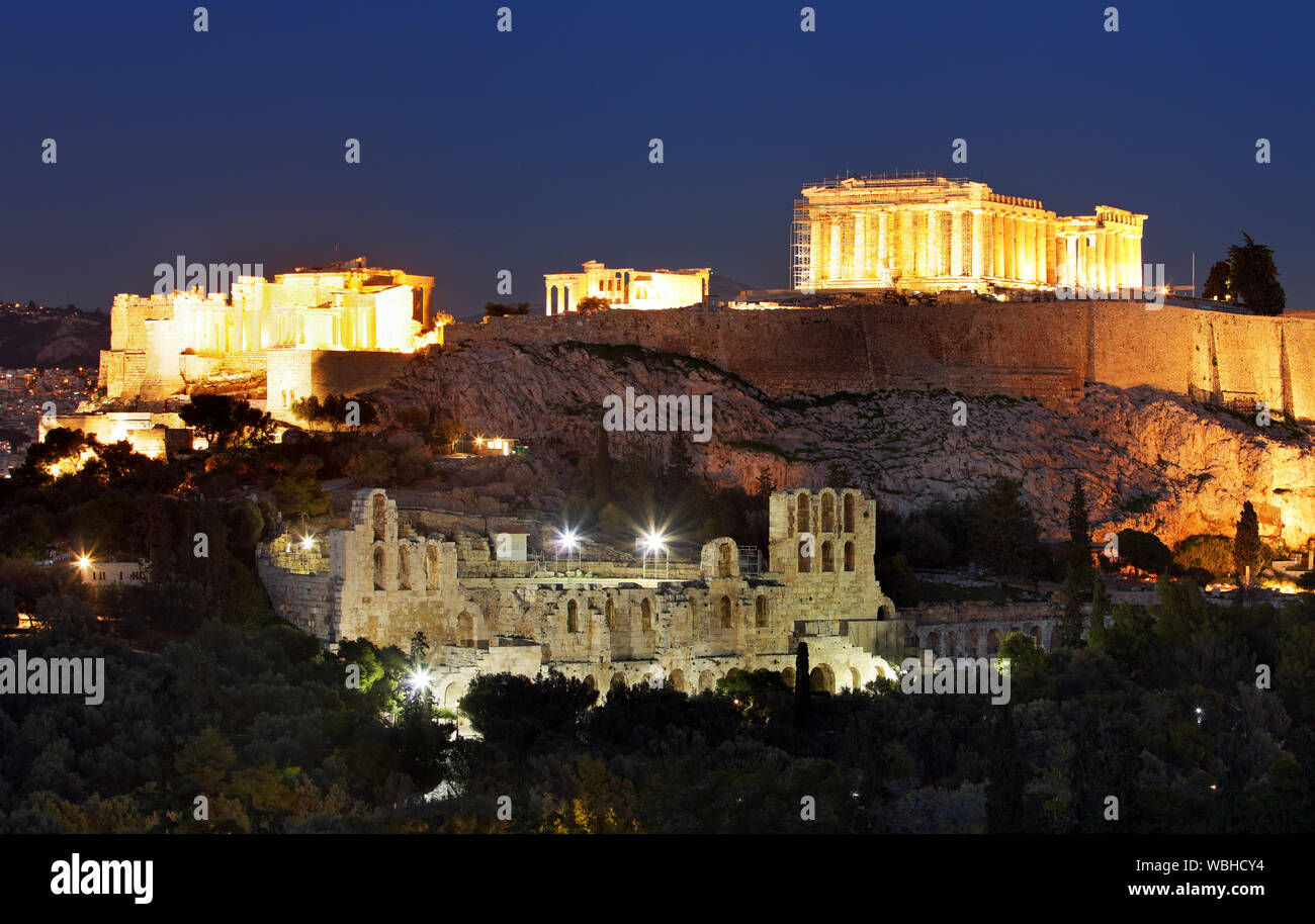 Atene - Acropoli di notte, Grecia Foto Stock
