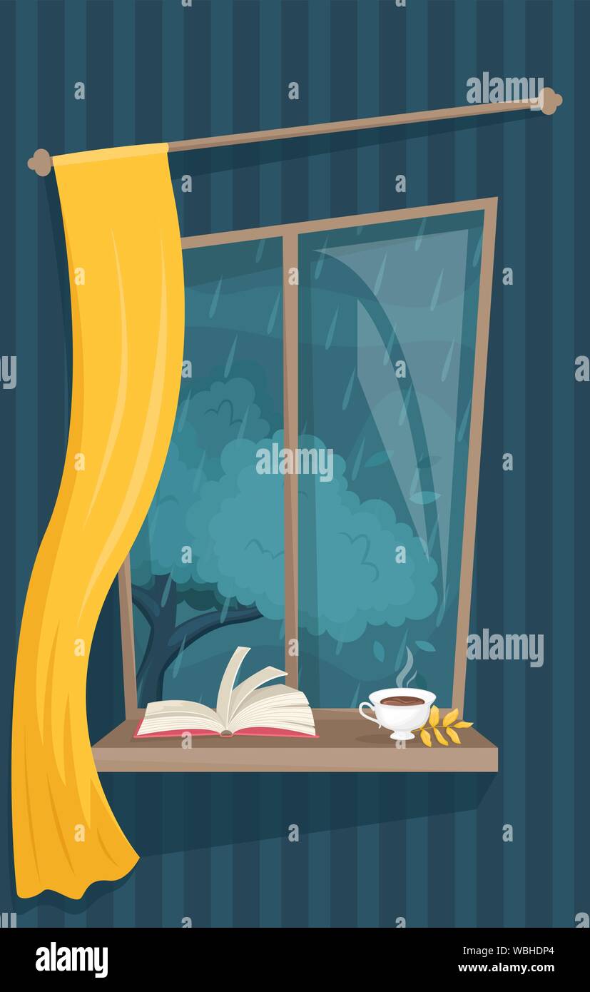 Autunno atmosferica finestra con una tazza di tè caldo e un libro. Accoglienti serate autunnali. Autunno piovoso. Appartamento illustrazione vettoriale. Illustrazione Vettoriale