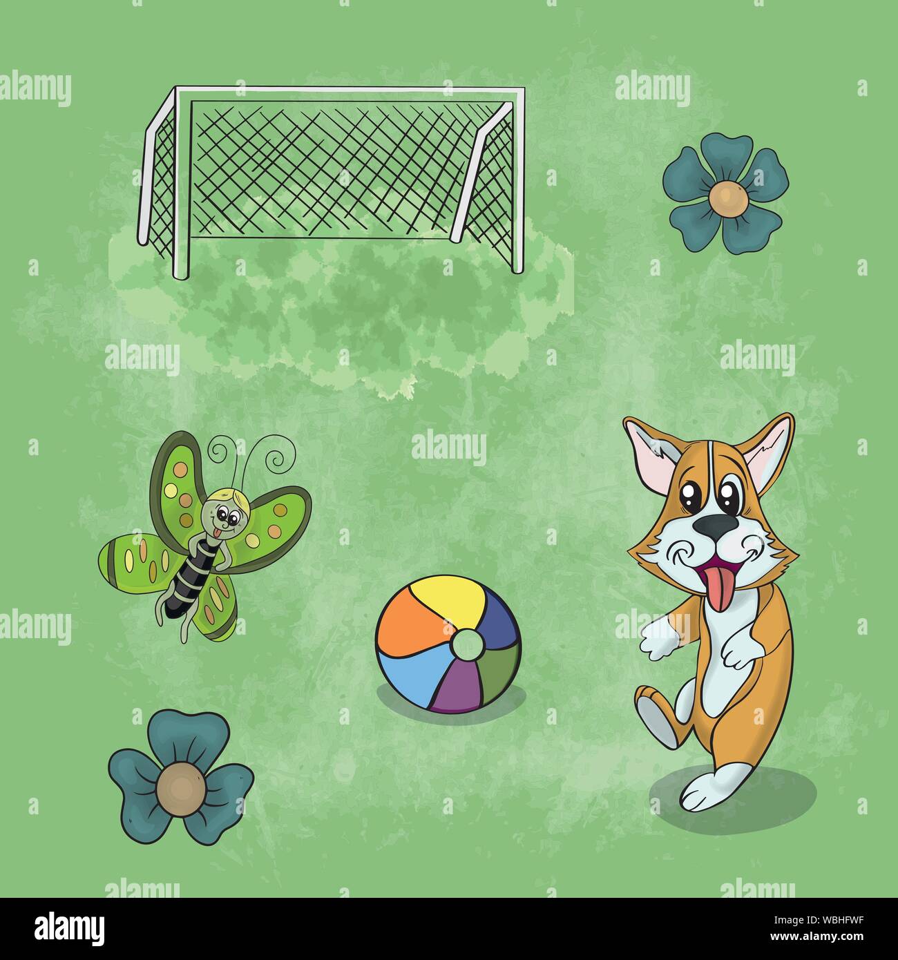 Illustrazione vettoriale di un animale Corgi cane giocando nella radura sull'erba tra fiori e giocattoli su uno sfondo a trama Illustrazione Vettoriale