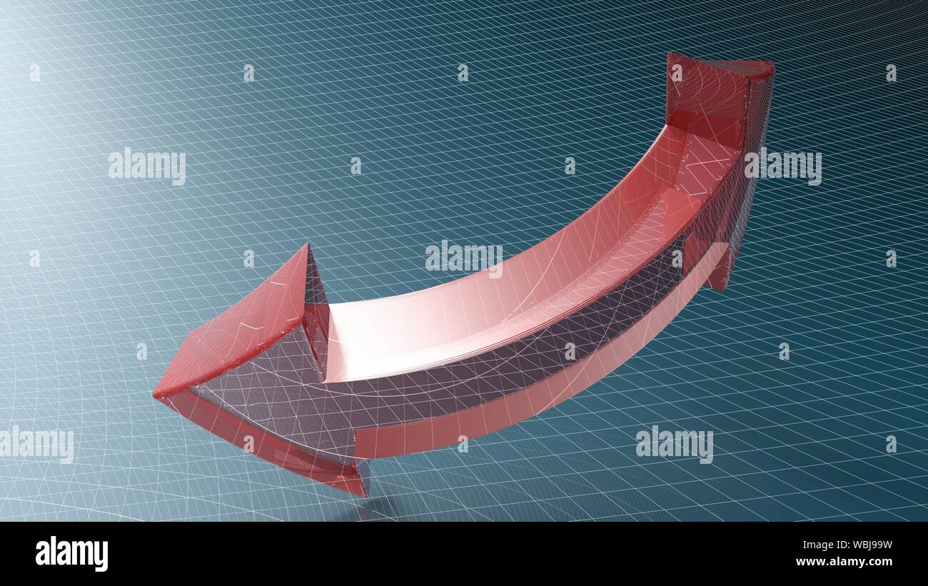 Freccia rossa contro un nero superficie verticale con griglia grigia - 3D rendering immagine Foto Stock