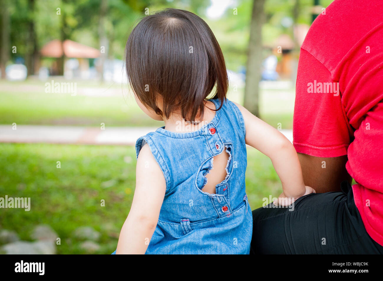 Torna padre e figlia piccola godono di vista sul parco in un parco tropicale, seduta su una panchina. I bambini e i papà insieme all'aperto. Foto Stock