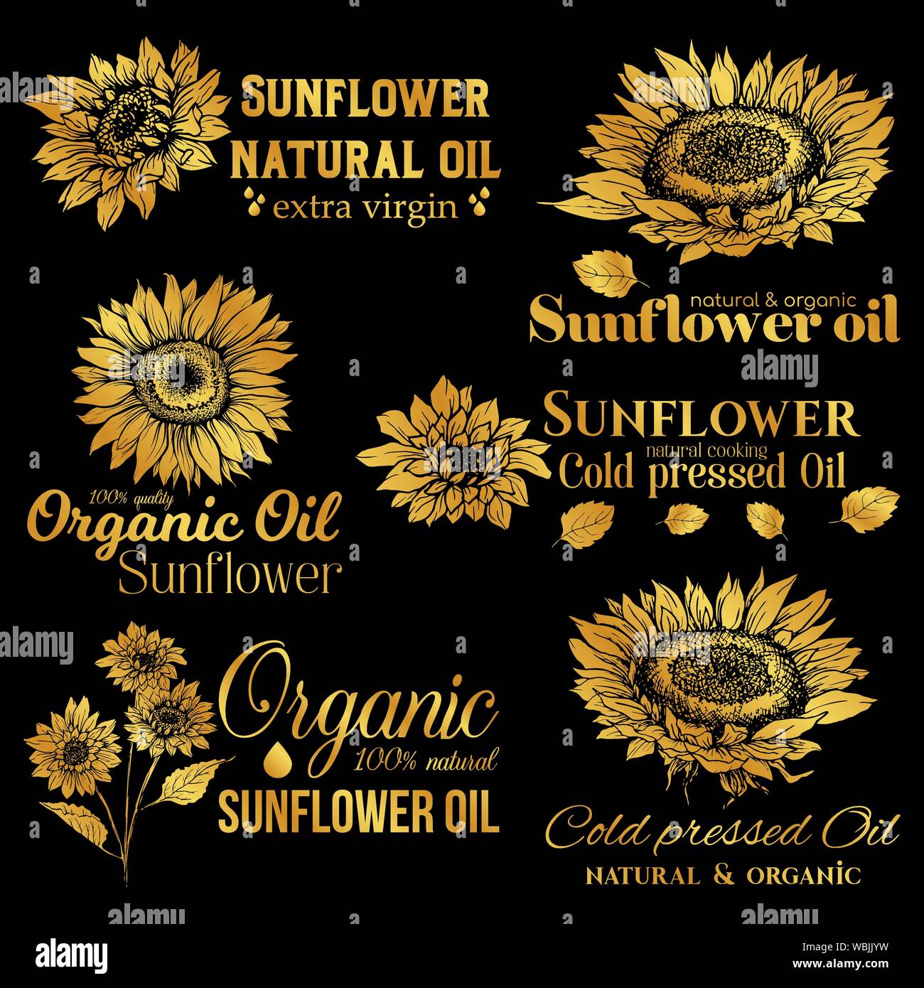Golden di olio di semi di girasole logo Impostare, tecnologia di fiori selvaggi Logo templates per Brabding Identty. Vettore d'oro fiori isolati disegni a mano con caratteri Illustrazione Vettoriale