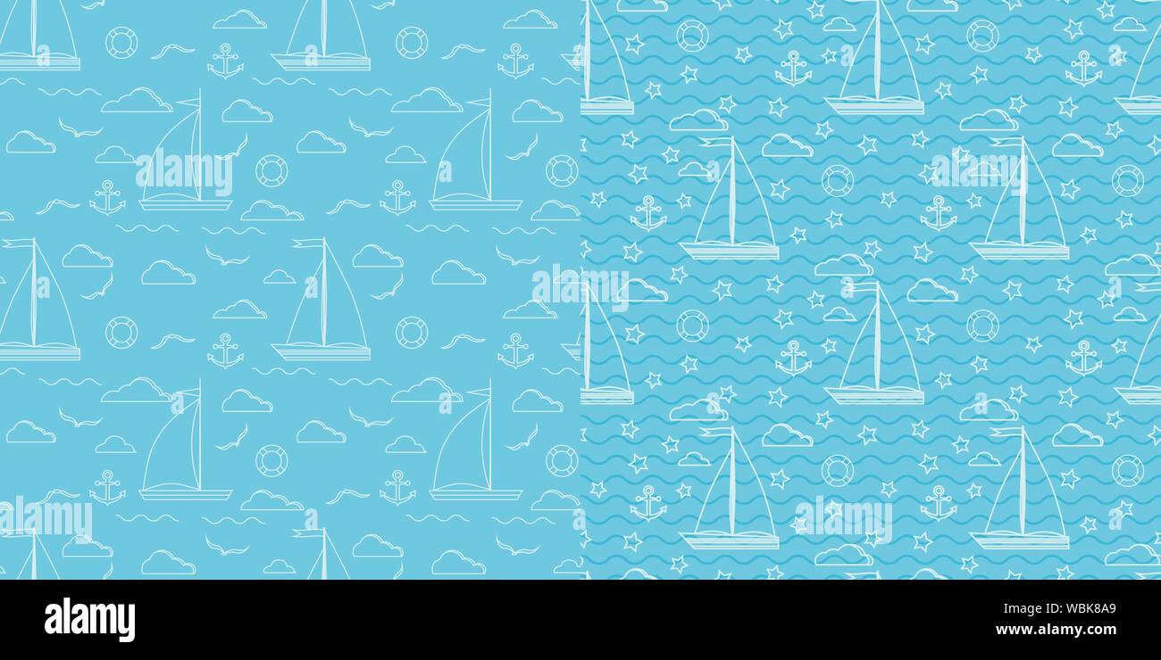 Bianco e blu line art vettore marine seamless pattern impostato Illustrazione Vettoriale