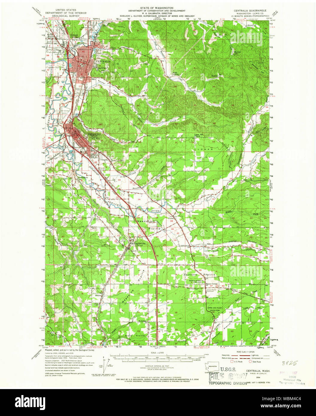 USGS TOPO Map Stato di Washington WA Centralia 239698 1954 62500 Restauro Foto Stock