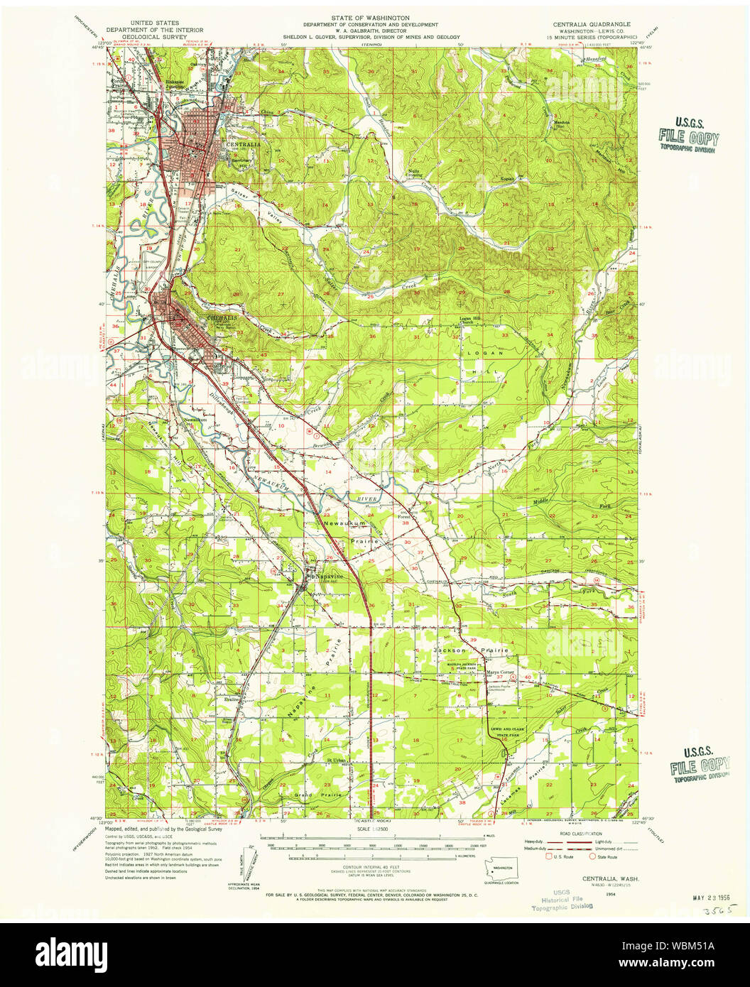 USGS TOPO Map Stato di Washington WA Centralia 239699 1954 62500 Restauro Foto Stock