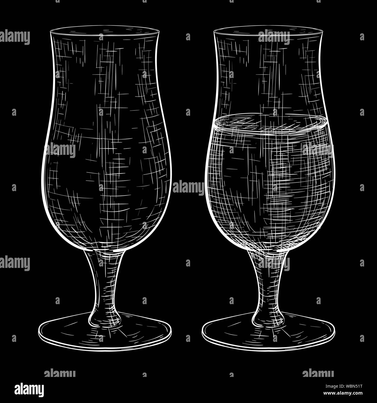 Bicchiere da birra. Pieno e vuoto impostato. Mano bozzetto su sfondo nero Illustrazione Vettoriale