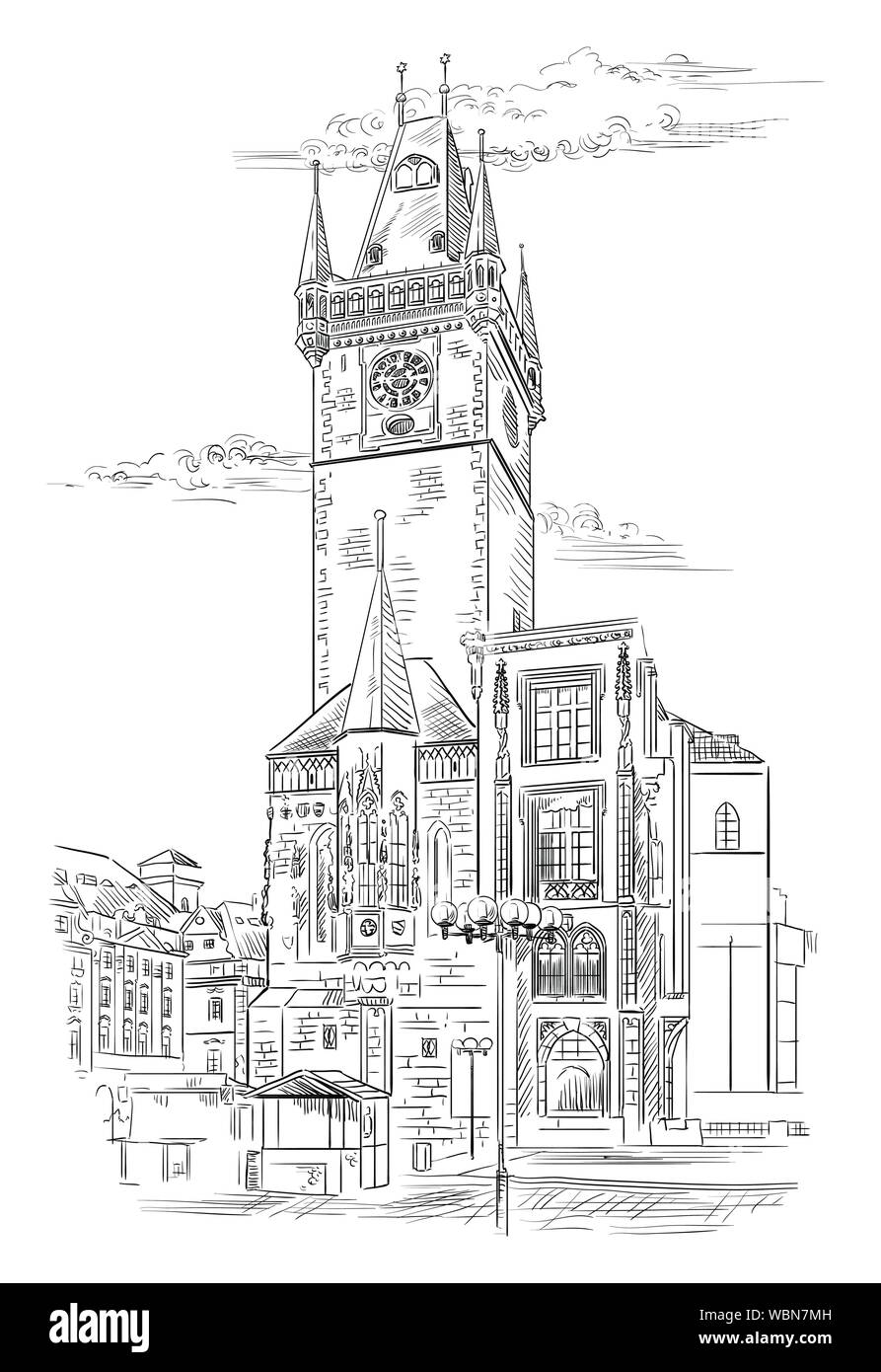 Vettore di disegno a mano illustrazione del Municipio della Città Vecchia di Praga. Di Praga, Repubblica Ceca. Illustrazione Vettoriale in colore nero isolato su bianco Illustrazione Vettoriale
