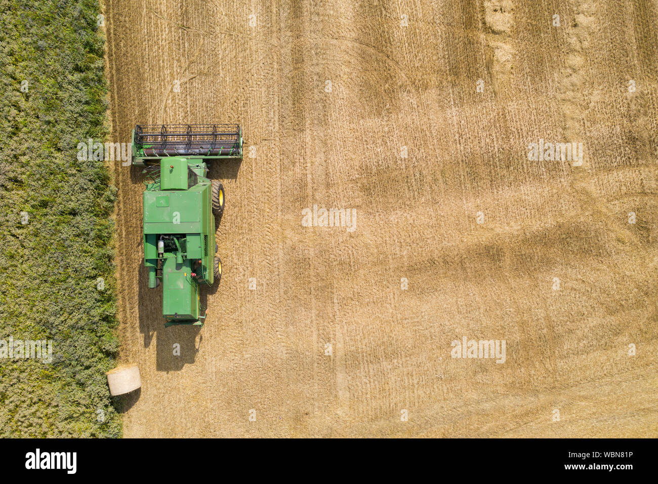 Veduta aerea di un verde mietitrebbia in un campo di fattoria Foto Stock
