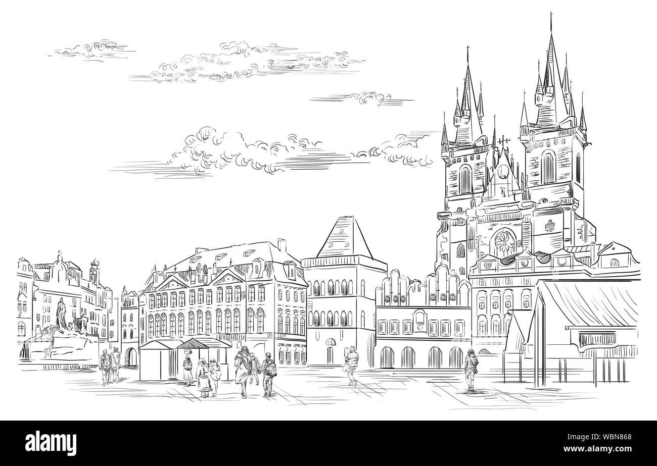 Vettore di disegno a mano illustrazione. Paesaggio urbano della Piazza della Città Vecchia e la chiesa di Tyn. Di Praga, Repubblica Ceca. Illustrazione Vettoriale in colore nero Illustrazione Vettoriale