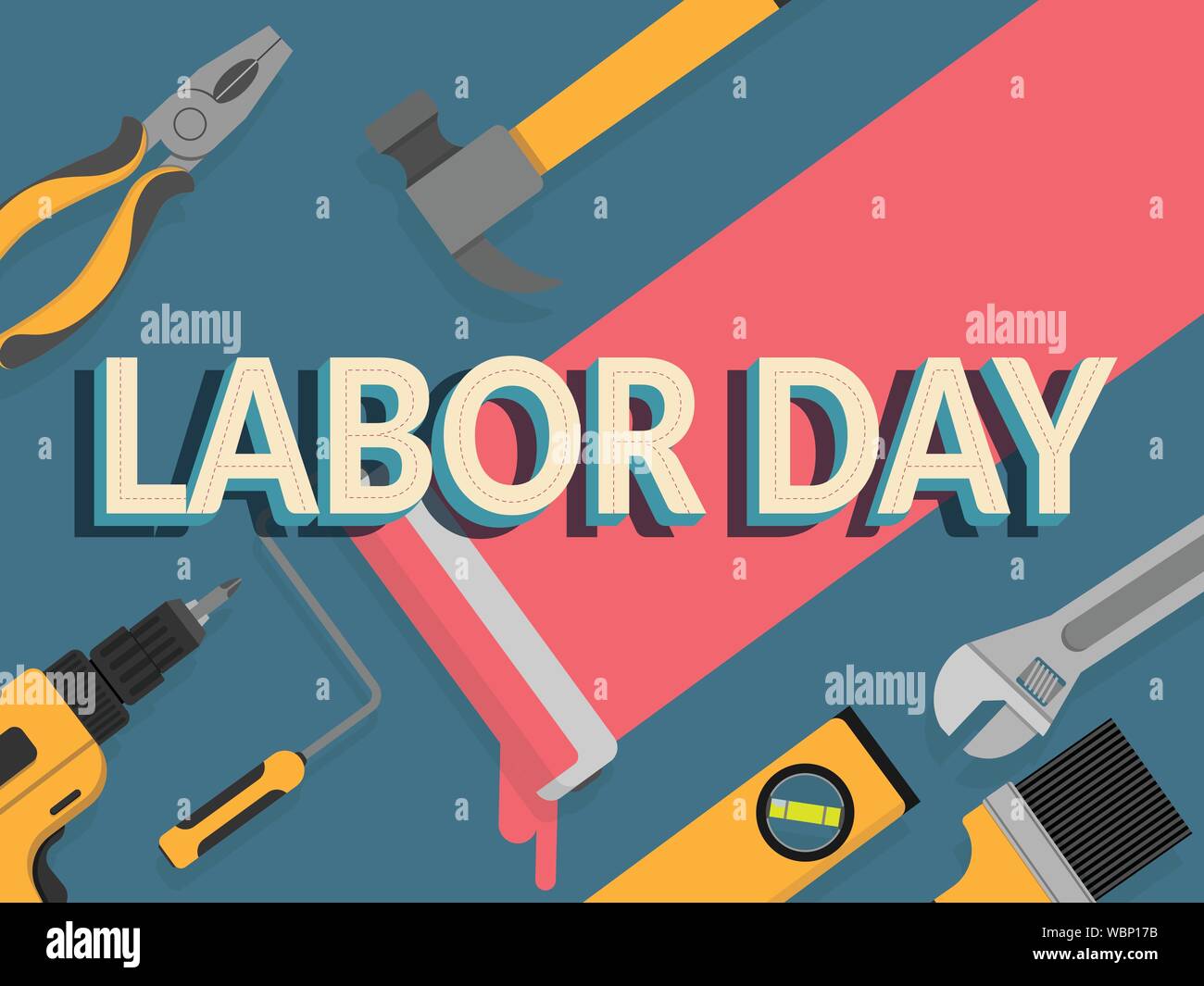 La giornata del lavoro banner. Design modello. illustrazione vettoriale. testo labor day decorare con strumenti di riparazione per lo sfondo Illustrazione Vettoriale