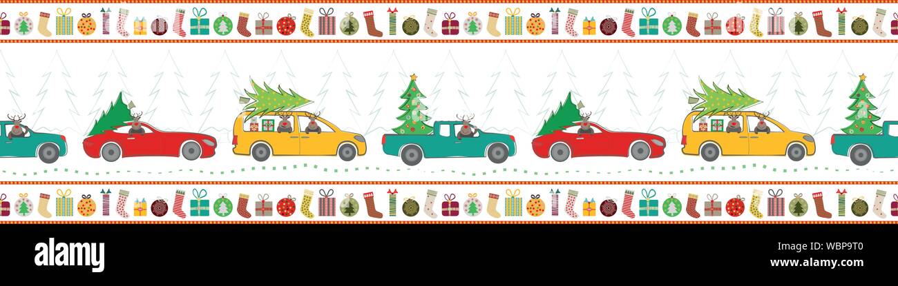Vacanze design di confine con il cartoon di renne, camion, automobili, alberi di Natale e regali in colori tradizionali. Seamless pattern vettoriali su bianco Illustrazione Vettoriale