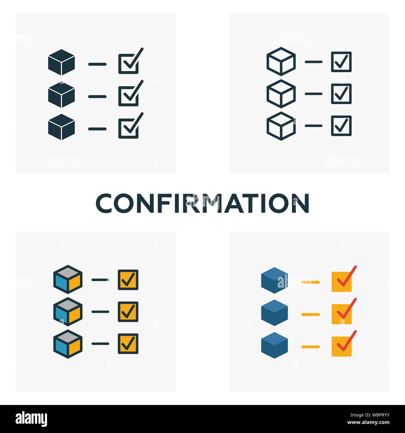 Icona di conferma impostato. Quattro elementi in diversi stili blockchain dalla raccolta di icone. Creative icone conferma riempito, bordato e colorato Illustrazione Vettoriale