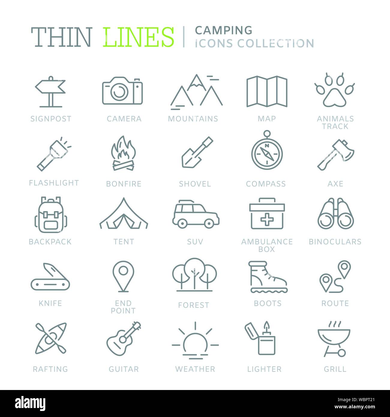 Raccolta di camping linea sottile icone Illustrazione Vettoriale