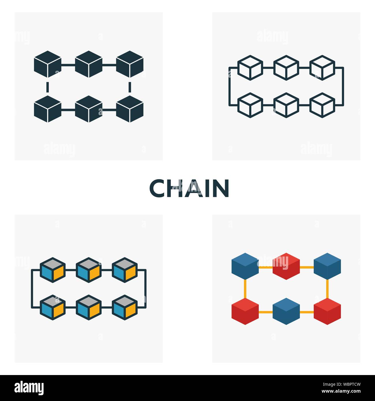 Icona di catena set. Quattro elementi in diversi stili blockchain dalla raccolta di icone. Creative icone catena riempito, del contorno colorato e simboli di Piana Illustrazione Vettoriale