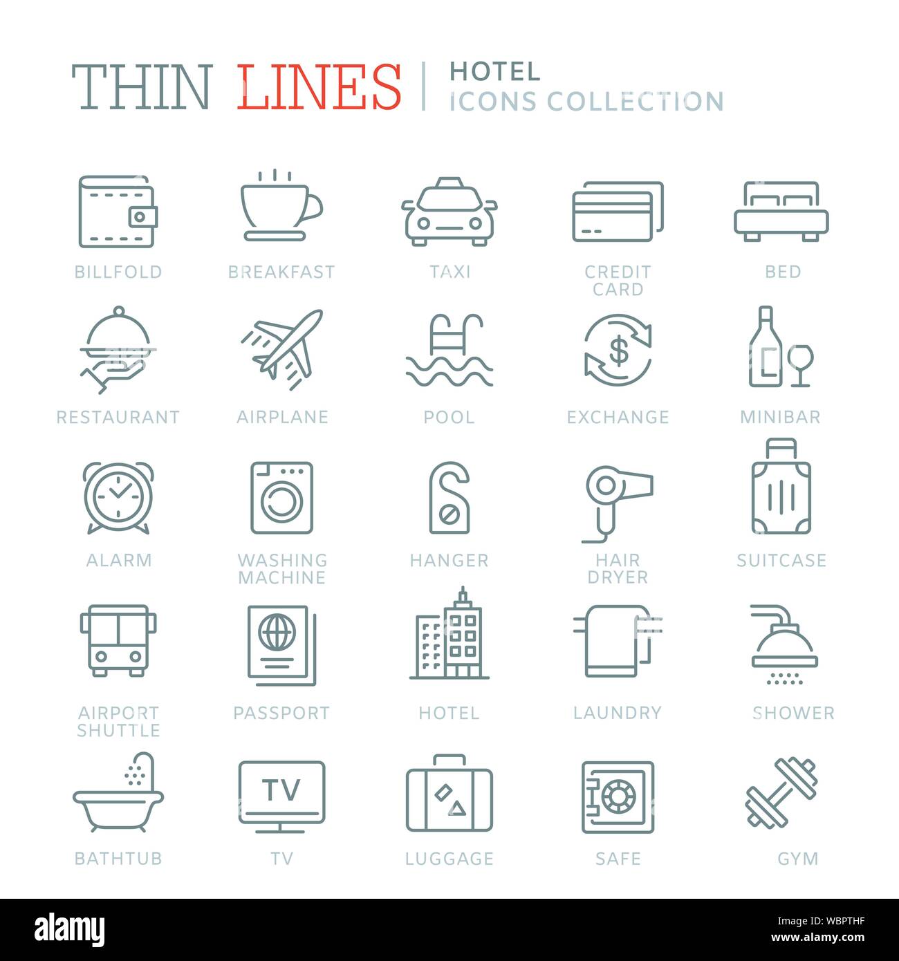 Collezione di hotel linea sottile icone. Eps vettoriali 8 Illustrazione Vettoriale