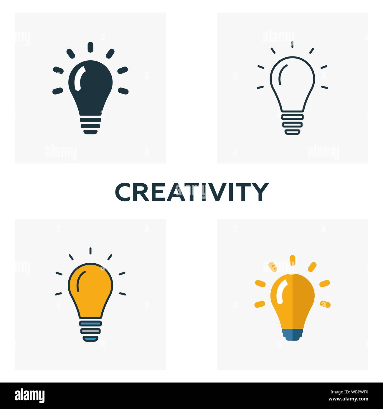 La creatività icon set. Quattro elementi in diversi stili dal business raccolta di icone. Creative creatività icone riempito, contorno, colorata e piatto Illustrazione Vettoriale