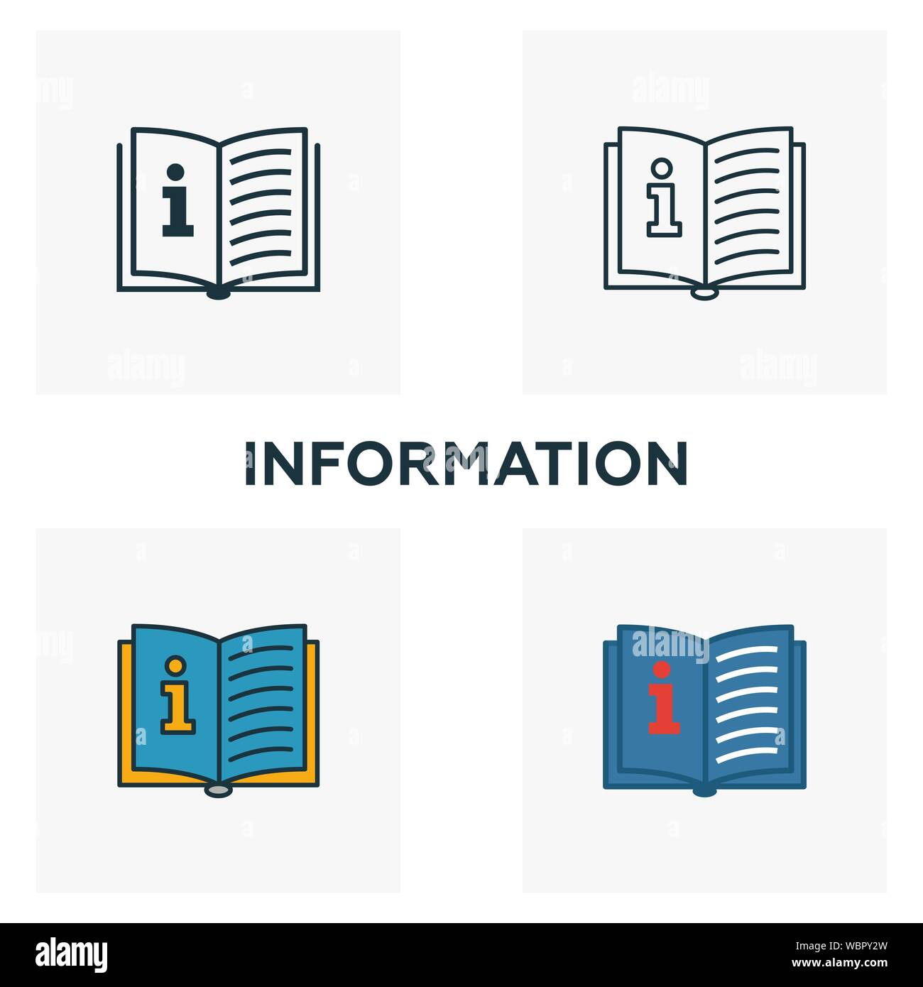 Icona informazioni set. Quattro elementi in diversi stili dal business raccolta di icone. Creative icone di informazioni riempite, contorno, colorata e piatto Illustrazione Vettoriale