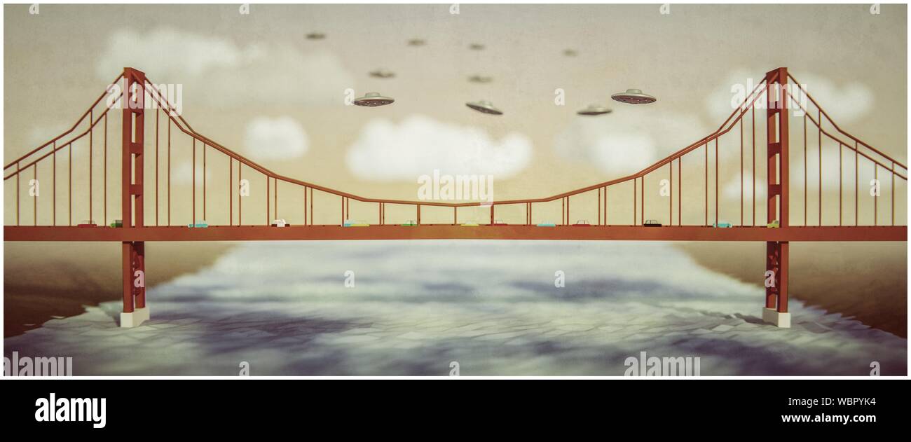 Ufo volare su un famoso ponte 3d illustrazione Foto Stock