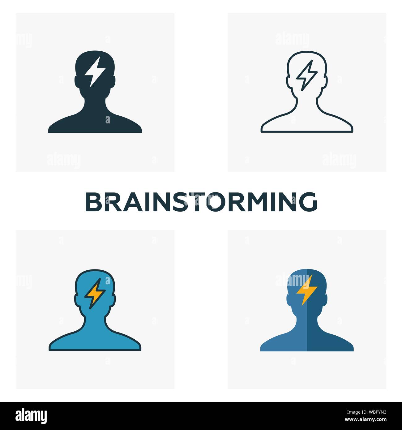 Il brainstorming icon set. Quattro elementi in diversi stili dal business raccolta di icone. Creative icone di brainstorming riempito, bordato e colorato Illustrazione Vettoriale