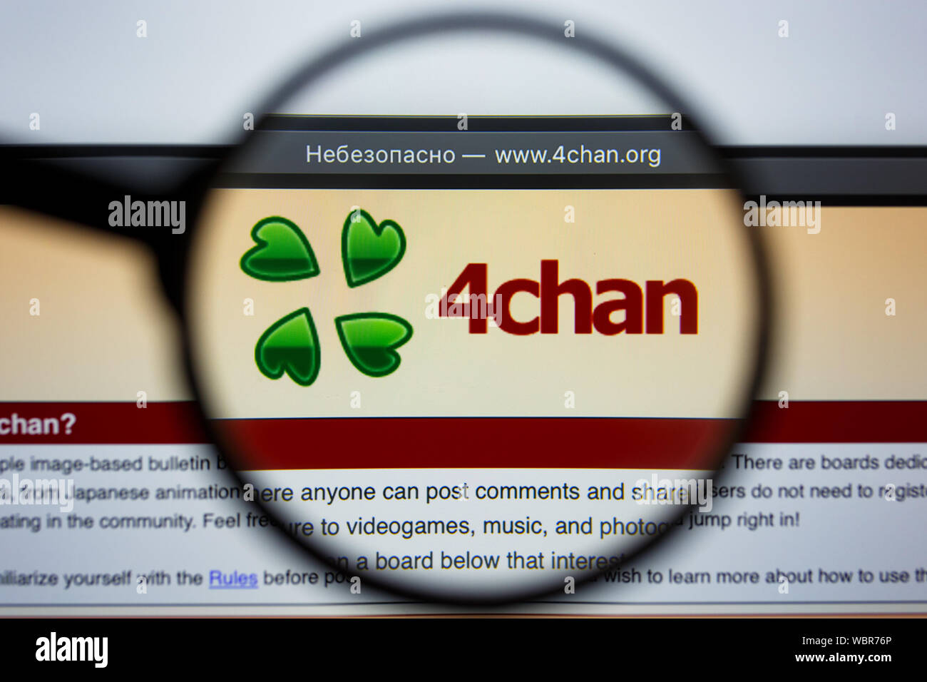Los Angeles, California, Stati Uniti d'America - 21 Joule 2019: Editoriale illustrativa di 4chan website homepage. Logo 4CHAN.COM visibile sullo schermo di visualizzazione. Foto Stock