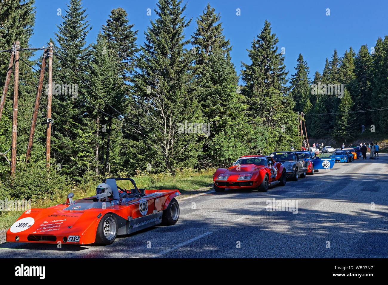 CHAMROUSSE, Francia, 25 agosto 2019 : historic racing unità all'inizio di gara in salita, contando per il Campionato Francese e lasciare la montagna Foto Stock