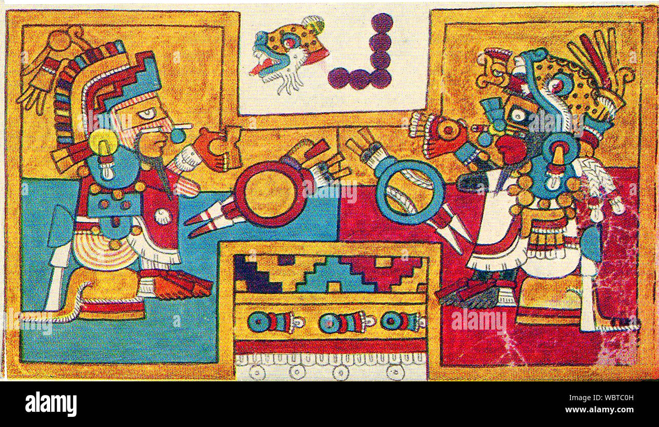 Un 1940's illustrazione dal Xouche (Nuttall) Codex (noto anche come il Codex Zouche-Nuttall o Codex Tonindeye; un pre-colombiana di documento Mixtec pictography. Questa sezione è creduto per mostrare due capi lo scambio di doni Foto Stock