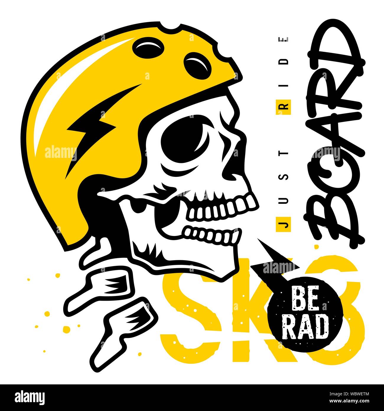 Cranio di un guidatore di skateboard casco illustrazione vettoriale per t shirt stampa. T-shirt design stampa sul tema dello skateboard. Sport tipografia Illustrazione Vettoriale