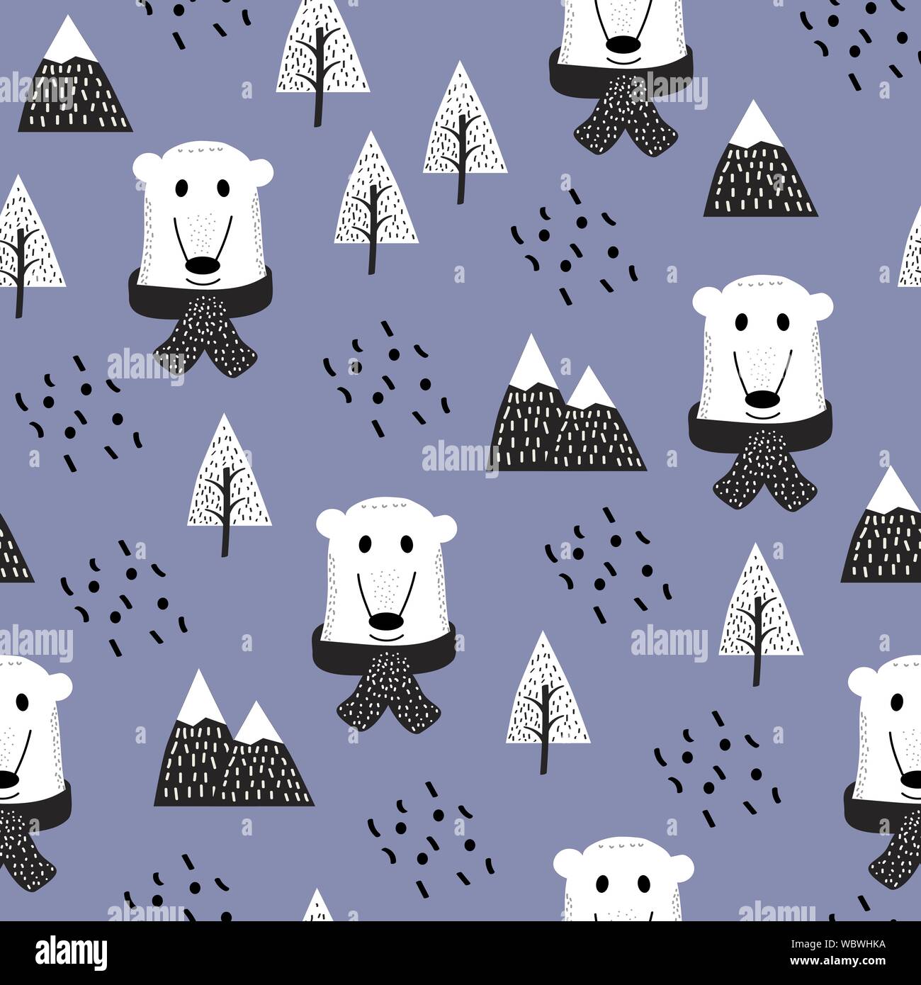 Orsi bianchi seamless pattern felice vettore simpatico orsacchiotto nella foresta tra montagne e alberi. Illustrazione Vettoriale
