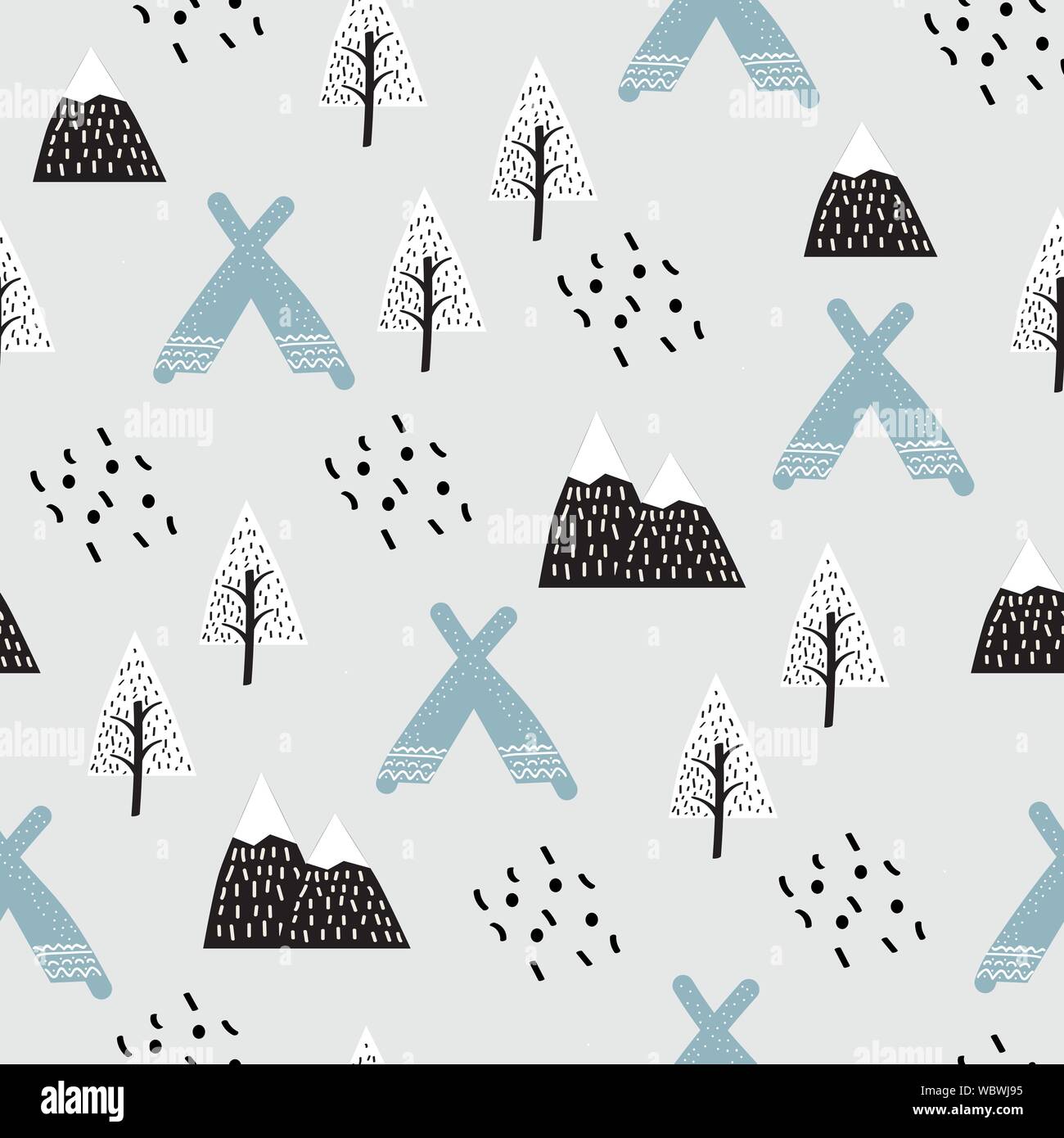 Orsi bianchi seamless pattern felice vettore simpatico orsacchiotto nella foresta tra montagne e alberi. Illustrazione Vettoriale