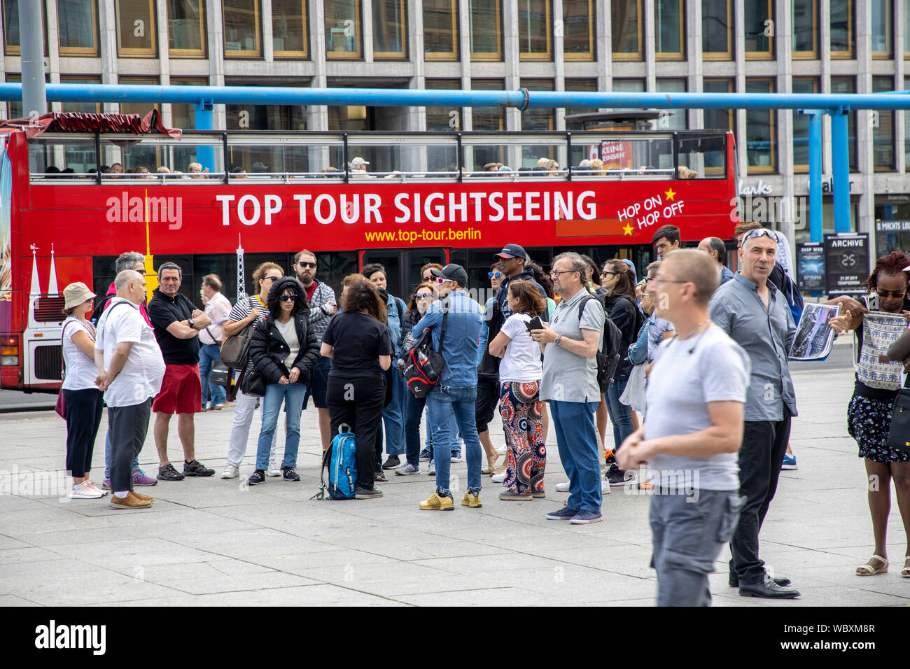 I turisti a Potsdamer Platz, bus panoramico, Berlino, Foto Stock