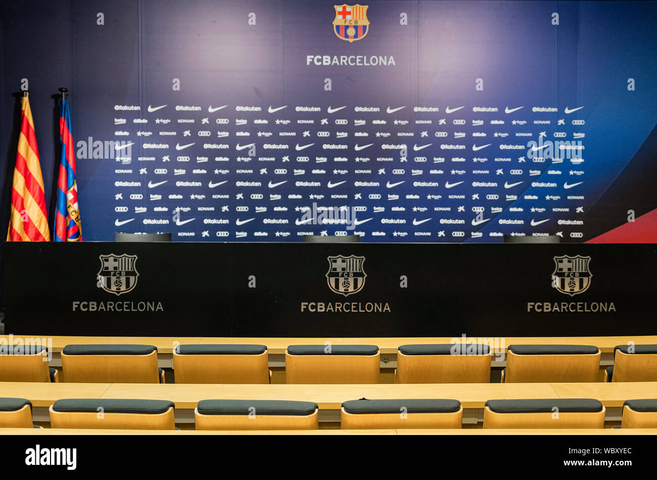 FC Barcelona media room in stadio Camp Nou interno, Barcelona, Spagna. Foto Stock