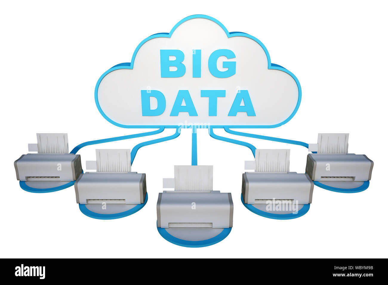 Database cloud è collegato al gruppo di stampanti. Il rendering 3D Foto Stock