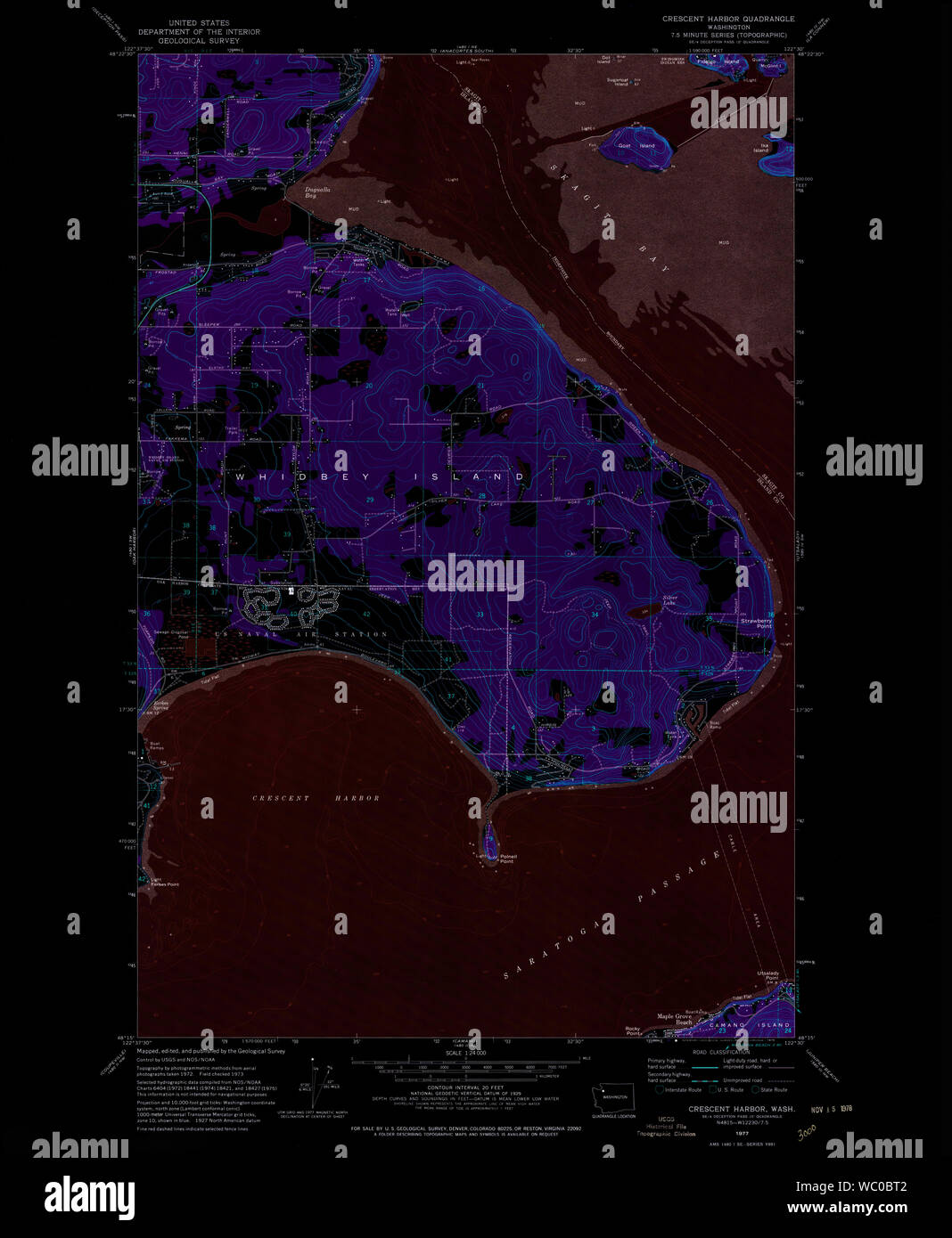 USGS TOPO Map Stato di Washington WA Crescent Harbour 240732 1977 24000 Restauro invertito Foto Stock