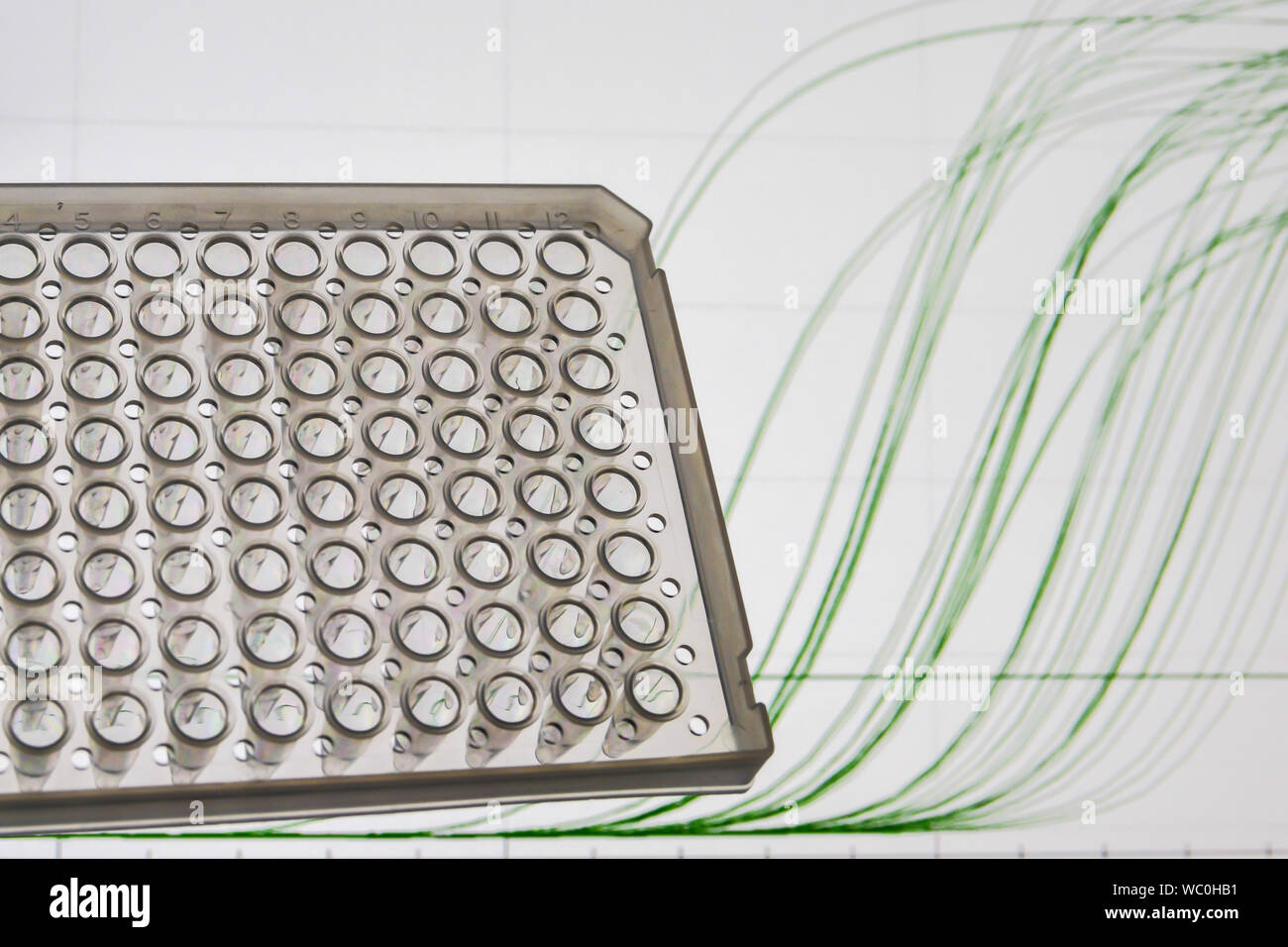 Metodo di ricerca di PCR in tempo reale. Piastra a 96 pozzetti sullo sfondo delle curve di amplificazione. Foto Stock